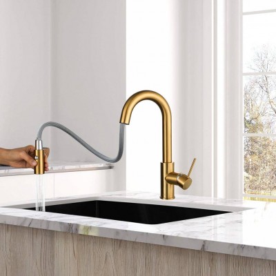 Gold Brushed One Handle Pull Down Kitchen Bar Faucet With Power Clean Featuring Reflex